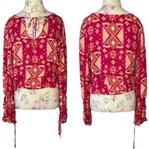 Tory Burch Geometric Silk Long Sleeve Blouse, Pink & Orange, Size 4